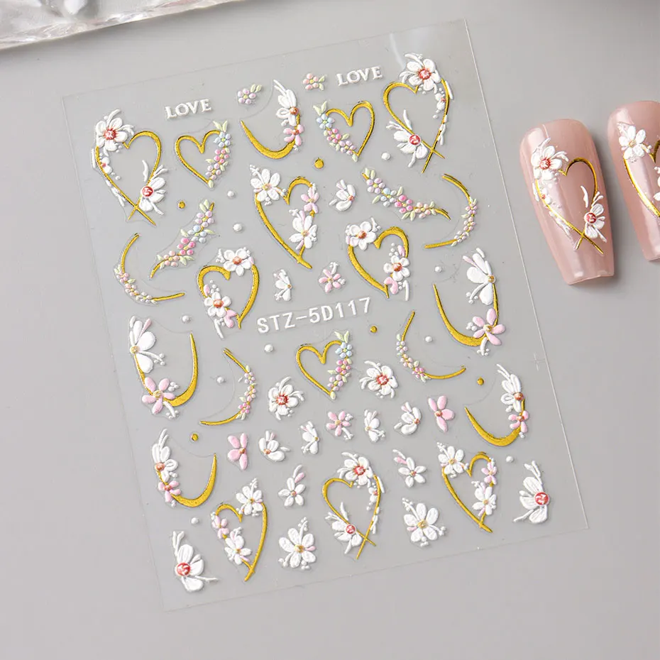 5D Embossed Kawaii Floral Gold Line Sliders Spring White Flowers Nail Stickers DIY Simple Petals Wedding Nails Decals Accesories 6