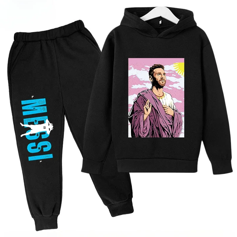 thumbnail image 1 of Conjunto de sudadera con capucha para niños de primavera, conjunto deportivo de 2 piezas, sudadera y pantalones, ropa para niños y niñas con estampado de Messi, ropa para bebés, 1 of 5