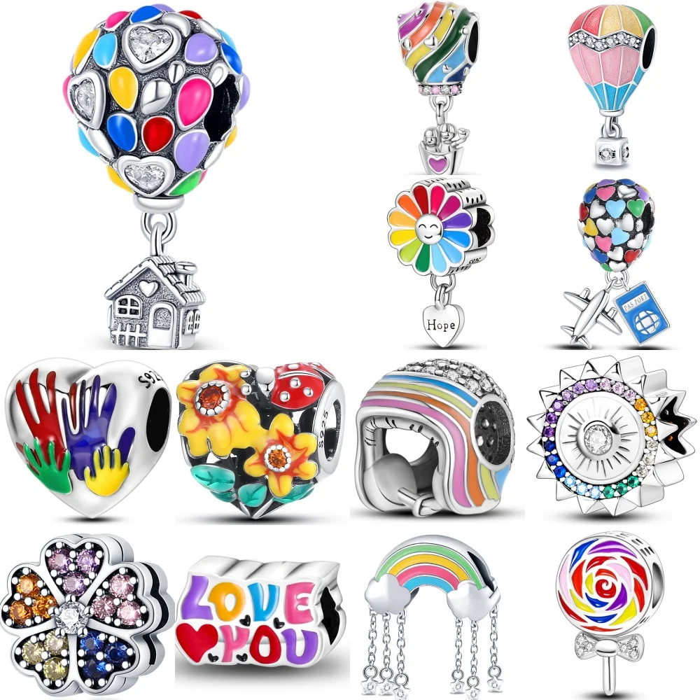 

925 Sterling Silver Hot Air Balloon Sunflower Color Series Charms Beads Fit Original Pandora Bracelets S925 DIY Jewelry Gifts