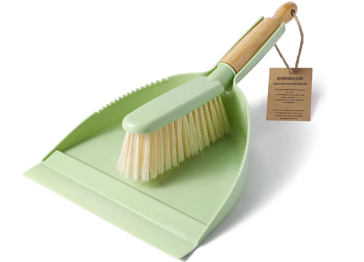 Small Dustpan and Brush Set, Mini Broom and Dustpan Set, Long Bamboo