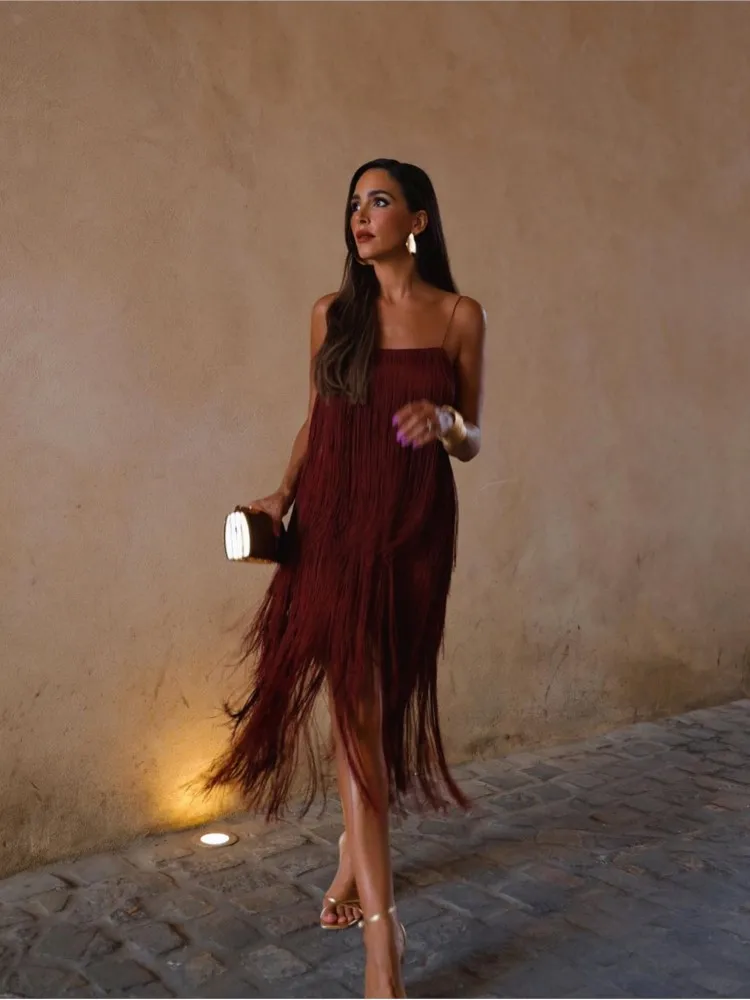 

Backless Sleeveless Elegant Tassel Midi Dress Women A-line Square Neck Long Vestidos Fashion Chic Evening Party Club Clothing