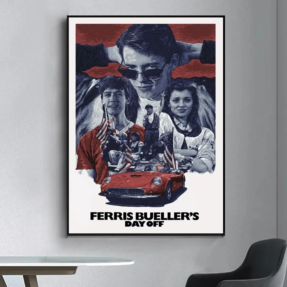 Ferris Buellers Day Off 클래식 영화 포스터, 멋진 포스터 벽 스티커, 거실 바 빈티지 장식 페인팅, 중간