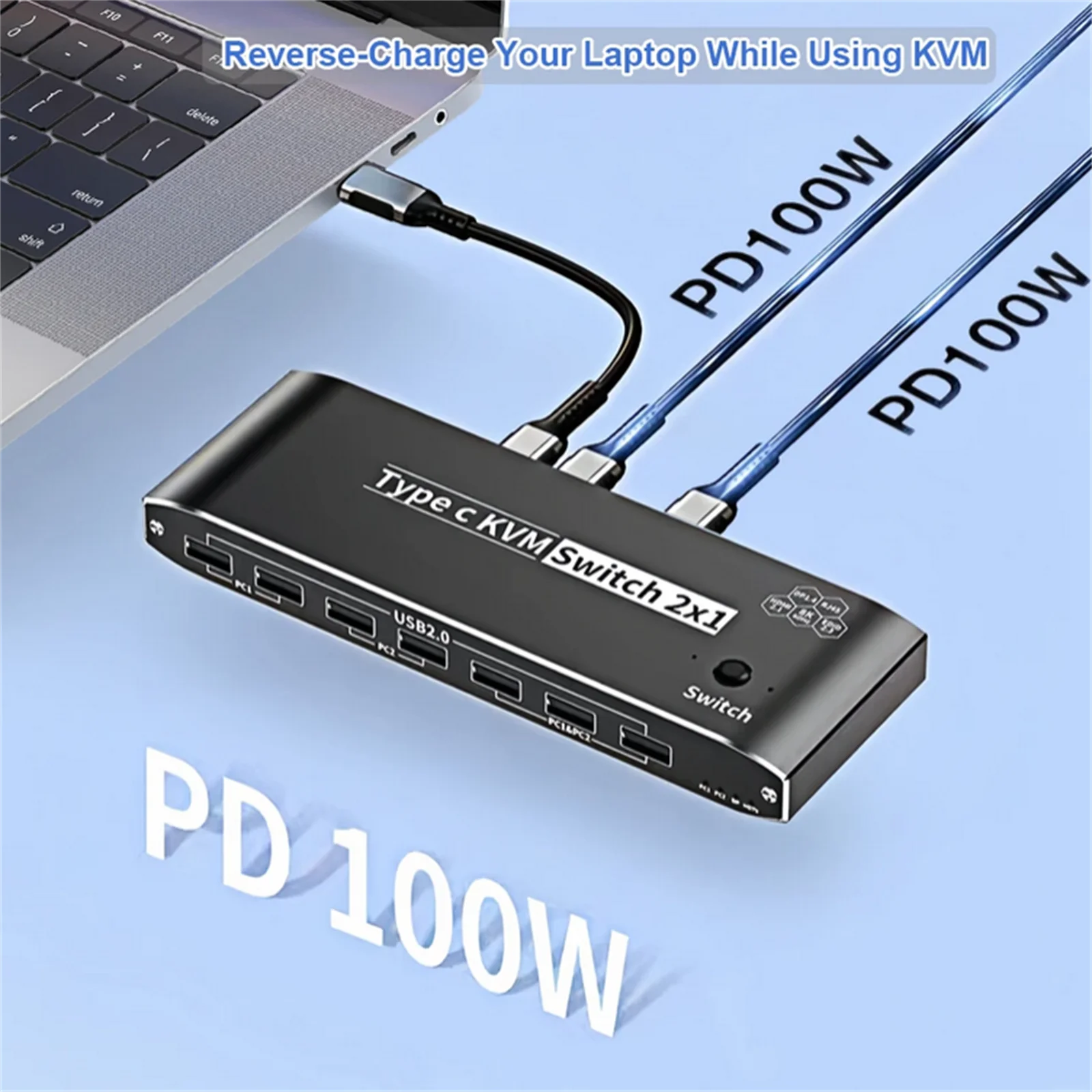 USB C KVM ġ, 2  1 , 2 ǻ 1 Ϳ, 2x1, 8K, RJ45, 100W PD 