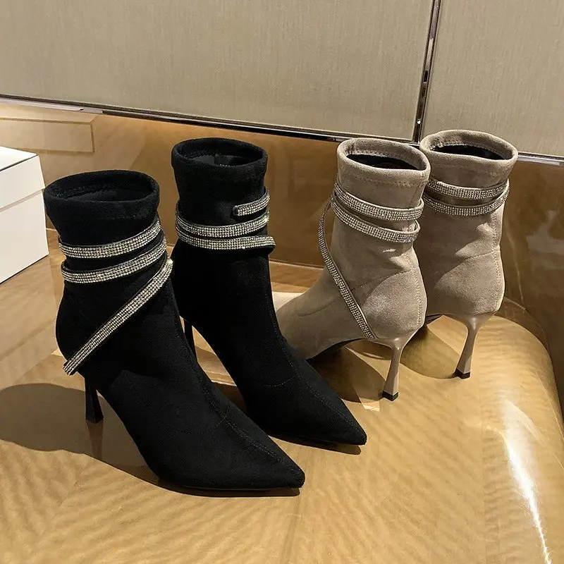 Ankle Boots Women Boots Women Shoes Woman Fashion High-heeled Pointed Flock Boots Spring Autumn Rhinestone Short Boots Drop Ship