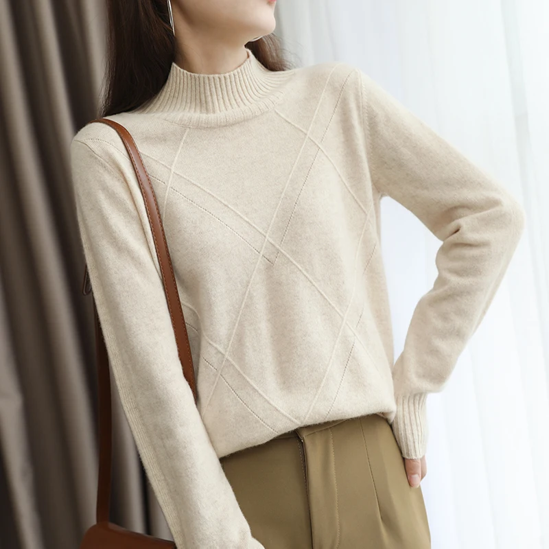 

23 Autumn And Winter New 100% Pure Wool Ladies Half Turtleneck Diamond Lattice Fashion Solid Color Knitted Pullover Sweater Top