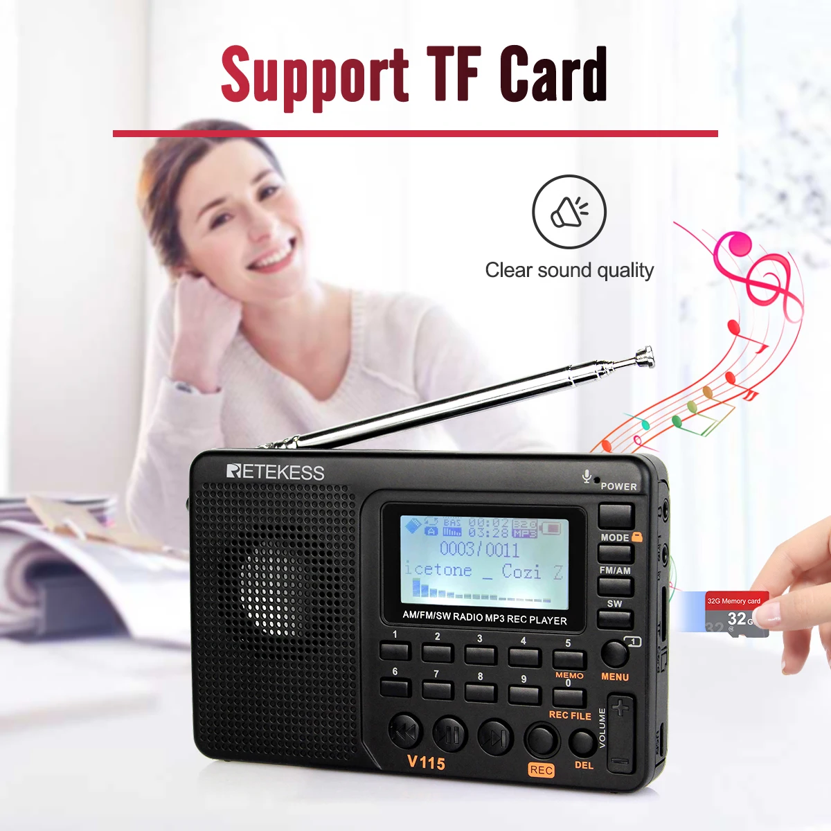 RETEKESS V115 Radio FM AM SW Portable Radios Rechargeable  Radio Batteries multiple bands  USB Recorder Speaker for Elders TX32 — view 2