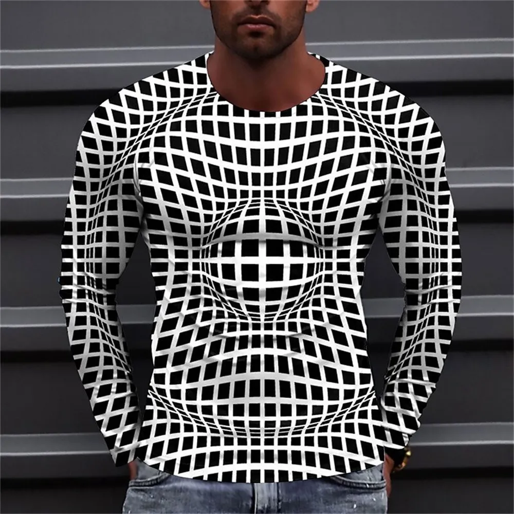 2023 neue Herren Langarm O-Ausschnitt T-Shirt lässig lose Tops T-Shirt geometrische Grafiken Streifen druck Designer Kleidung übergroß – Detail 2
