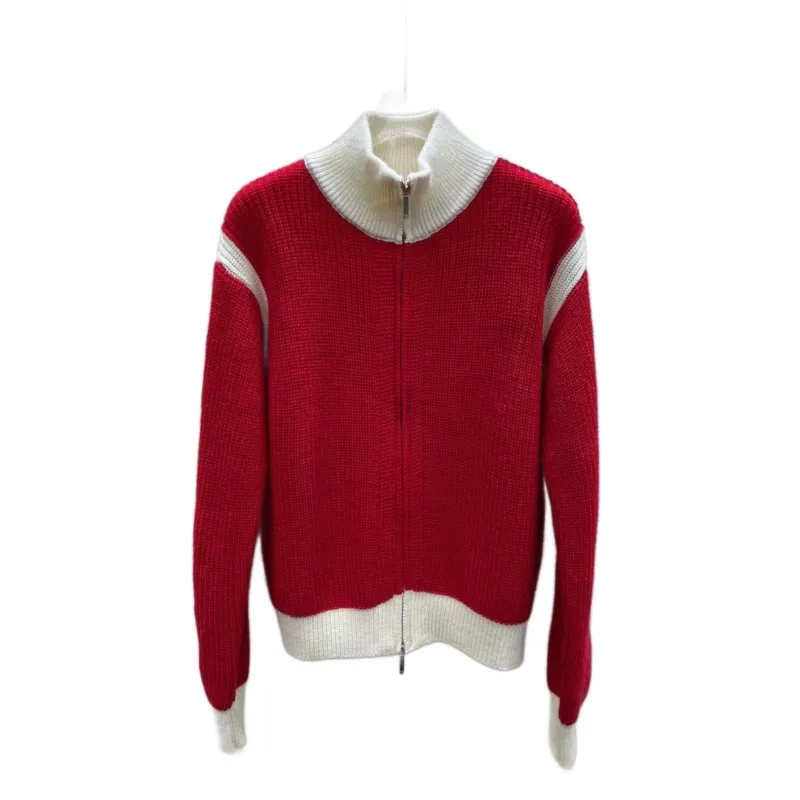 

Knitted cardigan jacket standing collar mid-length slim-fit version color contrast zipper design comfortable 2024 spring summer