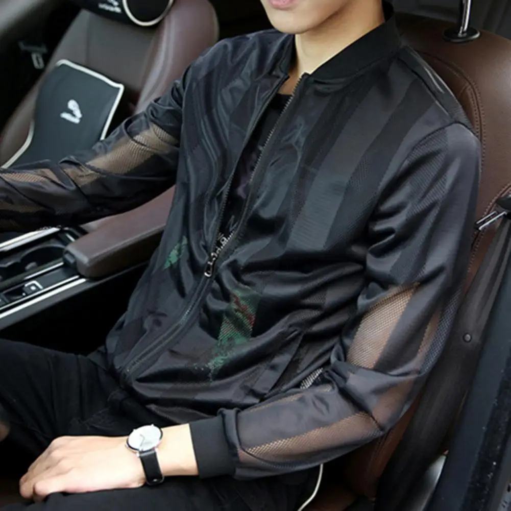 

Simple Men Jacket Skin-friendly Sunscreen Coat Long Sleeve Hollow Breathable Men Summer Jacket Stand Collar