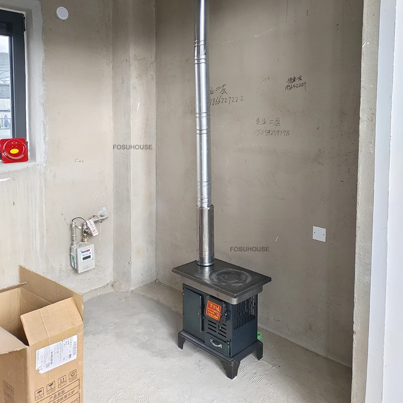 เตาผิงเหล็กหล่อสไตล์เรโทรสำหรับใช้ในบ้าน พร้อมปล่องควัน เหมาะสำหรับให้ความอบอุ่นในร่ม ลานบ้านแบบฝรั่งเศส เต็นท์แคมป์ปิ้ง และเตาเผาไม้ 1