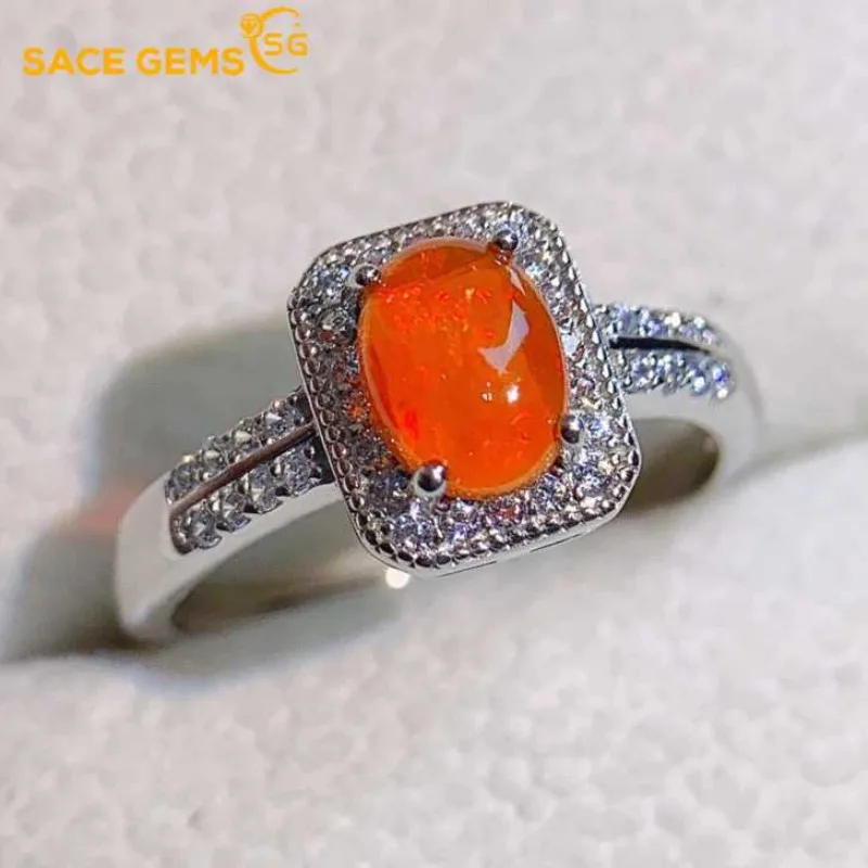 

SACEGEMS New Luxury 925 Sterling Silver Certified 5*7MM Natural Opal Rings for Women Engagement Cocktail Party Fine Jewelry Gift