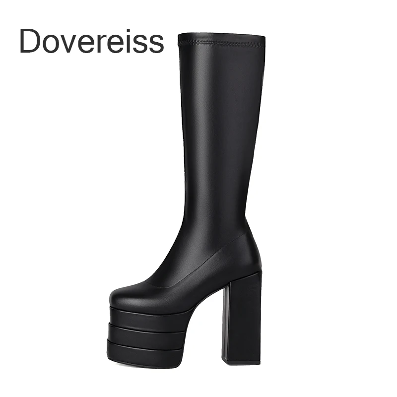 

Dovereiss Shoes Women 2023New Winter Fashion White Chunky Heels Zipper Square To Platform Knee High Boots Female Big Size 45 46