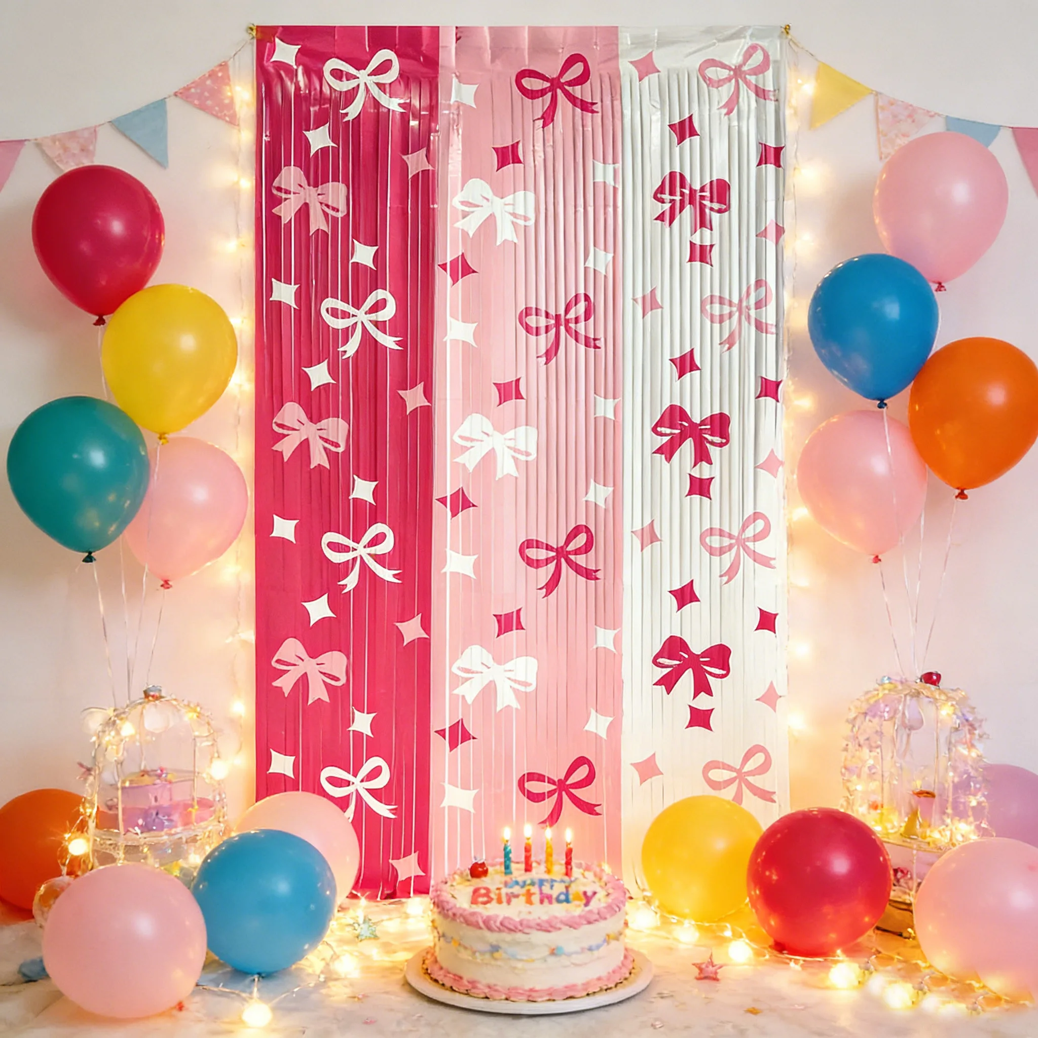Tende a Frange in Lamina Rosa con Fiocchi, Sfondo per Foto Booth per Feste di Compleanno, Baby Shower, Matrimoni, Decorazioni per Feste di Ragazze - immagine 5