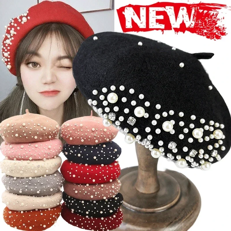 

New Solid Color Korean Autumn Winter Wool Pearl Beret Casual with Rhinestone Pearls Beads Hat Women Elegant French Style Cap
