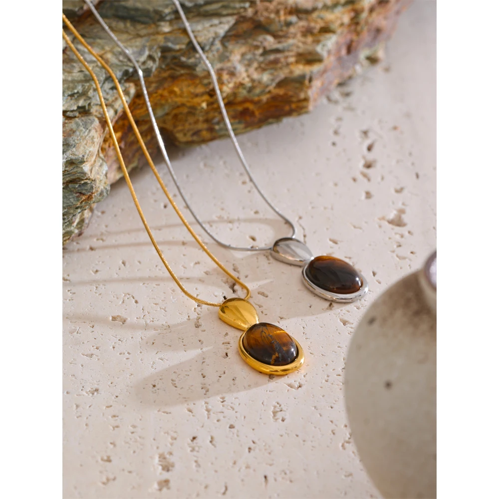 Yhpup Pendant Necklace Tiger Stone Stainless Steel PVD Plated