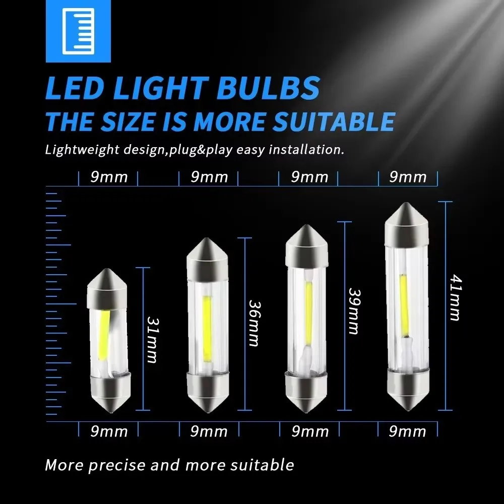 2PCS DC12V Led Bulb C10W Lamp 31mm 36mm 39mm 41mm28mm COB Clear Tube Dual Tip Lamp W5W License Plate Light