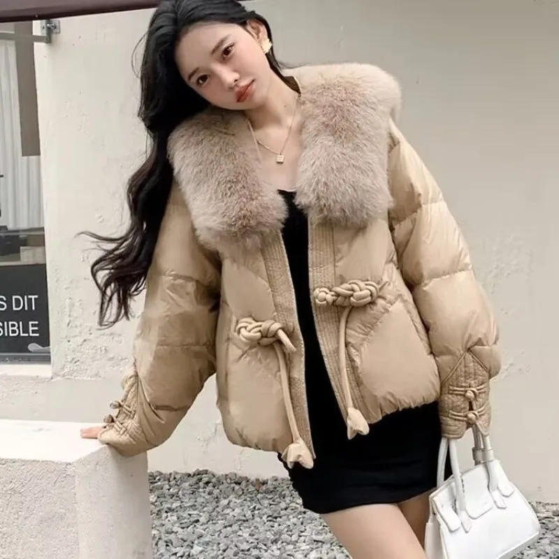 

2023 Winter New Women Imitation Fox Fur Collar Down Jacket Female Temperament Loose large Size Short Outwear Casual Warm Outcoat