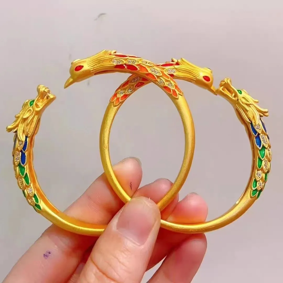 Vintage Palace Adjustable Bangles Ladies Enamel Dragon Phoenix Auspicious Cuff Bracelet Wedding Festival Party Jewelry