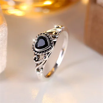 Trendy Black Zircon Love Heart Ring Vintage Fashion Silver Color Wedding Bands Engagement Rings For Women Men Minimalist Jewelry