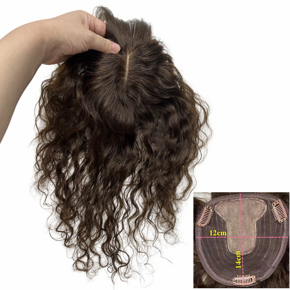 Dark Brown Curly Human Hair Toppers 12X14cm Lace Base Clips For Women Indian Hairpieces Add Hair Volume Cover Grey Remy human hair toppers