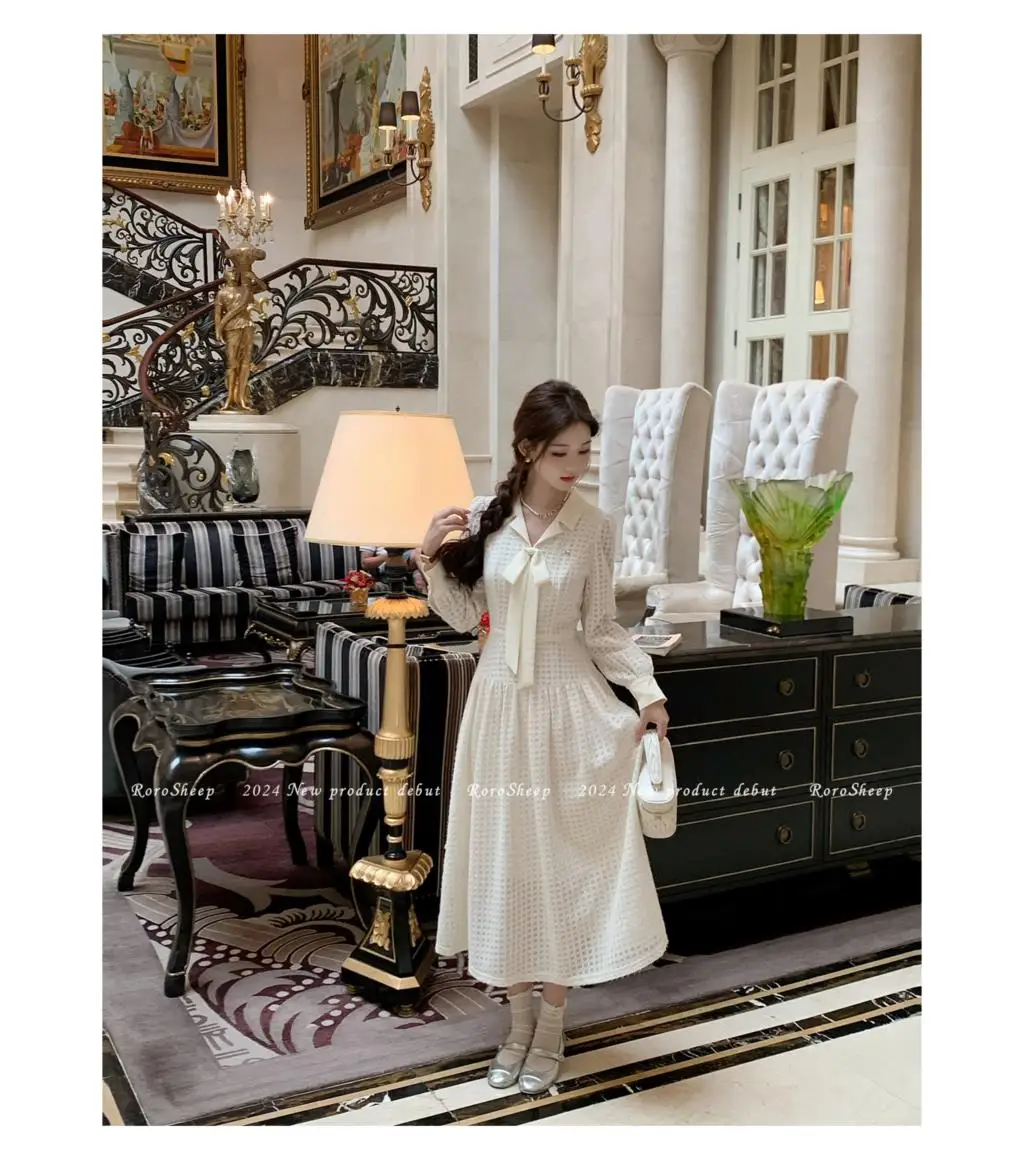 Elegant Vintage Lapel Midi Dresses for Women Bow Long Sleeve Birthday Party Dress A-line Autumn New Korean Fashion Vestido Mujer