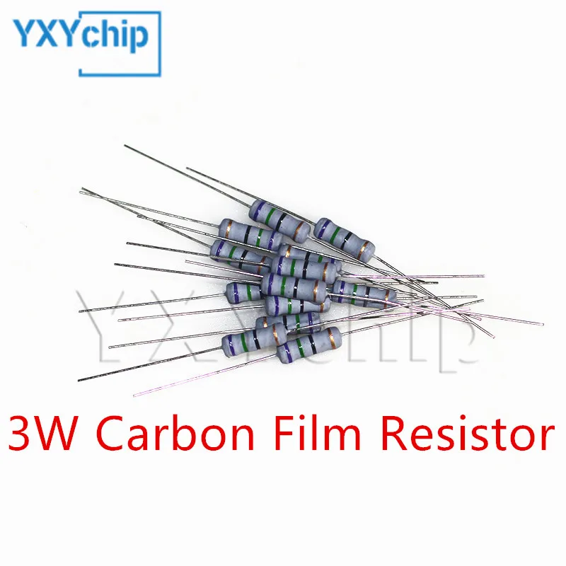 100PCS 3W Carbon Film Resistor 0.1 0.12 3 4 5 6 7 8 9 Ohm R Metal oxide film Resistor 5% 100K-910K 10R 510K 820K 6.8M 0.1R-10M