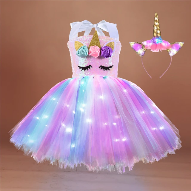 Jupe Tutu lumineuse pour filles, robe licorne, Costumes de Festival pour  enfants, robe princesse avec lumières