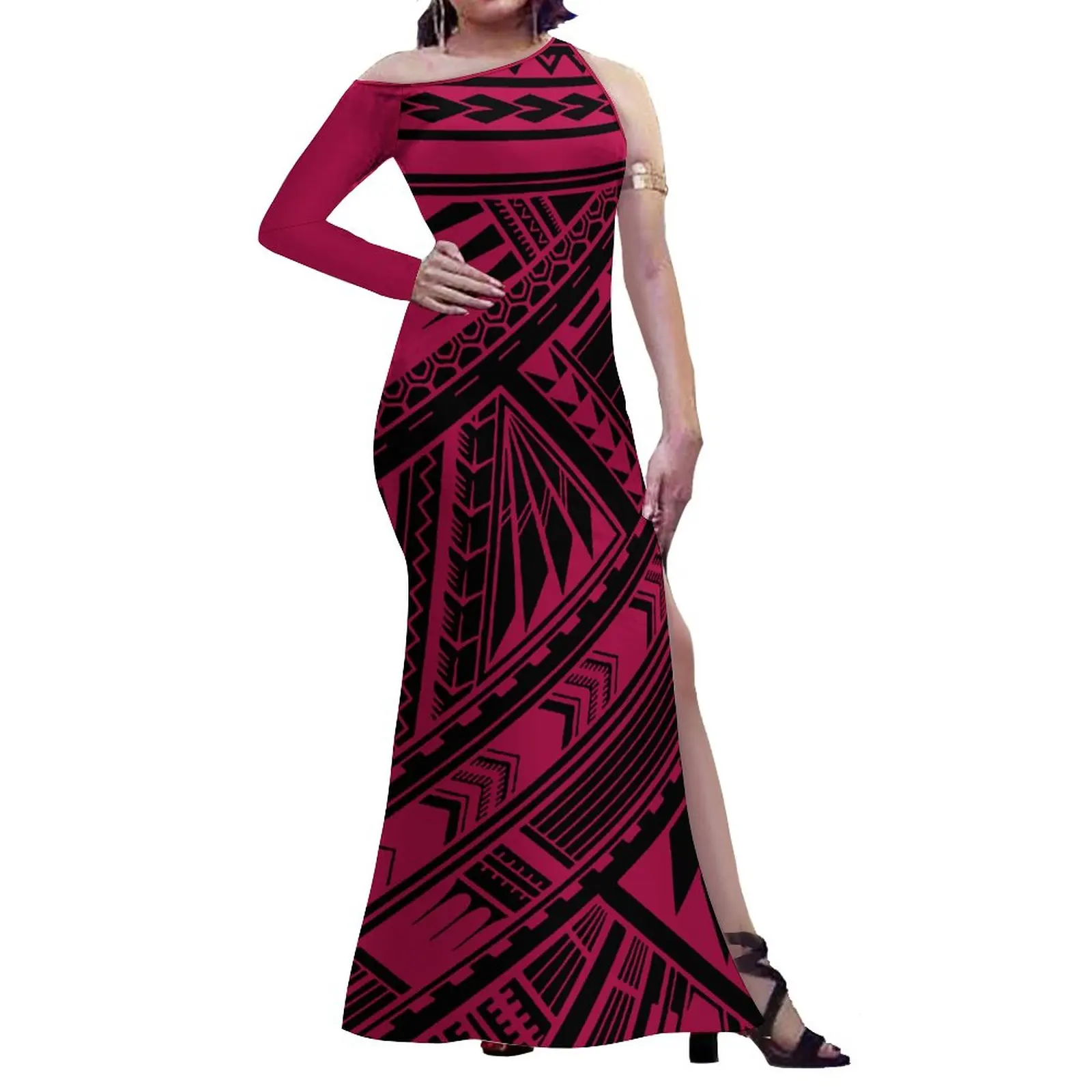 

Hot Selling Polynesian Print Maxi Slit Half Sleeve Dress Woman Dress Red Slit Samoa Tribal Pattern Hawaii Beach