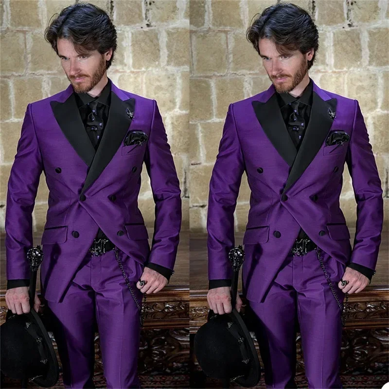 Italian Purple Men Suits Groom Tuxedo Prom Slim Fit Blazer Hombre Double Breasted High Quality 2 Piece Set Costume Homme