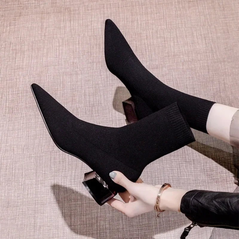 

Women Dress Pointed Mid-heeled Ankle Boots 2023 Knitted Black Low Heels High Socks Shoes Botas Femininas Tendencia Botte Femme