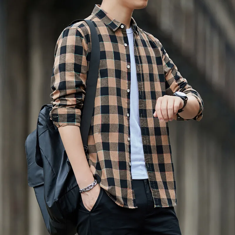 Spring Autumn Men's Turn-down Collar Plaid Button Long Sleeve Cardigan Coats Shirt Fashion Casual Formal Office Lady Tops