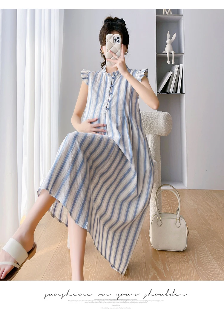 

Korean Style Pregnant Women's Striped Dress Flying Sleeves Maternity Cotton and Linen A-Line Dress Long Loose Pregnancy Sundress