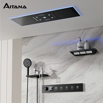 AITANA ทองเหลืองหรูหรา Gunmetal จอแสดงผล LED ระบบฝักบัวอาบน้ํา Thermostatic เพดานห้องน้ําฝังปกปิดผ้าม่านยักษ์สายฝน 1