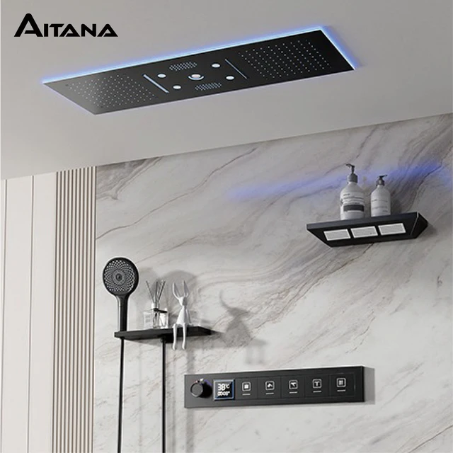 AITANA ทองเหลืองหรูหรา Gunmetal จอแสดงผล LED ระบบฝักบัวอาบน้ํา Thermostatic เพดานห้องน้ําฝังปกปิดผ้าม่านยักษ์สายฝน 1