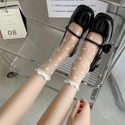 여성용 러플 러브 하트 패턴 얇은 긴 양말, 섹시한 JK 유니폼, 달콤한 유리 섬유, 투명 블랙 레이스 양말, 인스타 스타일 3