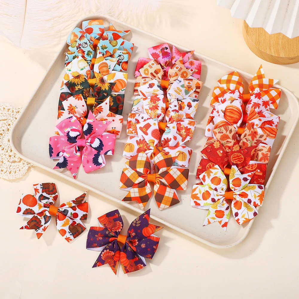 2-teiliges Set mit orangefarbenen Haarschleifen-Clips zum Erntedankfest für Babys, bedruckte Schleife, Haarnadeln, Haarspange, Kopfbedeckung, Urlaubsgeschenke