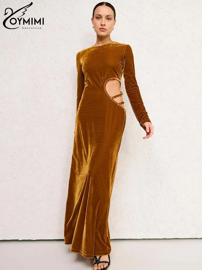 

Oymimi Elegant Brown O-Neck Women's Dress Fashion Slim Long Sleeve Hollow Out Dresses Casual Straight Floor-Length Dress Female