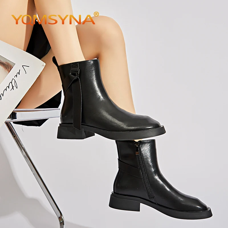 

YQMSYNA Casual Ankle Boots Comfortable Round Toe Non-slip Square Heel Boots Belt Buckle Zipper Street Style Commute Shoes W85