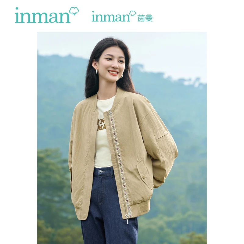 INMAN Women Baseball Jacket 2023 Autumn Long Sleeve Loose Coat with Zipper Pattern Embroidery Casual Versatile Khaki Outwear