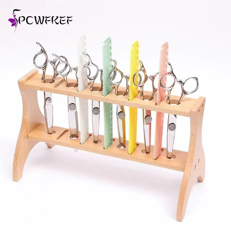 

Barbershop Scissors Holder Wooden Shear Standing Rack Salon Hair Trimmer Organizer Hairdressing Combs Display Shelf