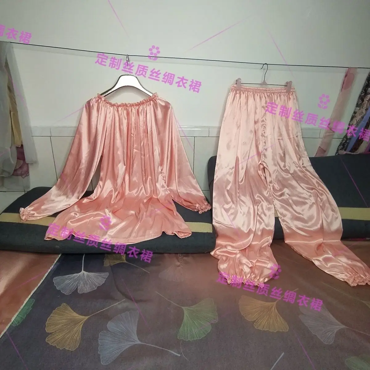 Glossy satin two-piece set pajamas Women long sleeve silk loose sleeping plus size top pants