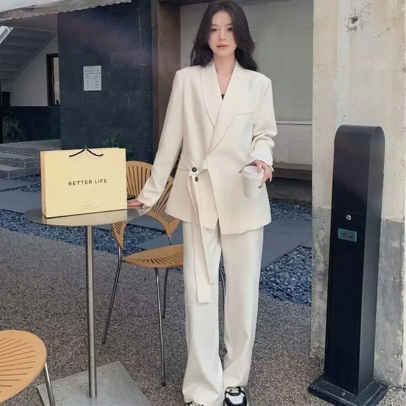 DAYIFUN Women Suits Pockets Coat and Wide Leg Pants 2-piece Sets New 2023 Spring Autumn Fashion Elegance Office Lady Blazer Sets