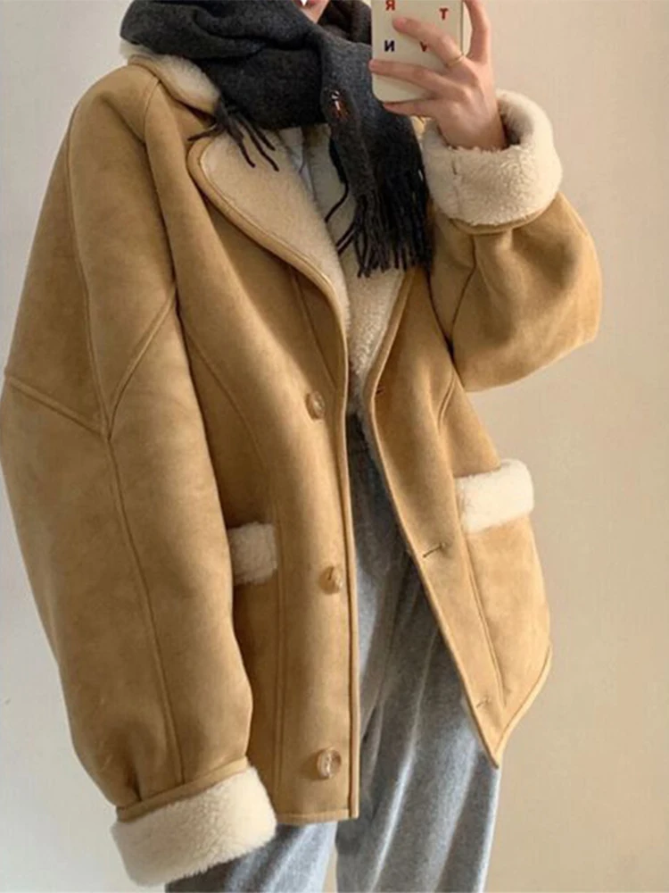 

Lamb Wool Jacket for Women Thicken Warm Lapel Overcoat Female Fashion Elegant Loose Outwear Ladies Winter Plus Velvet Coats