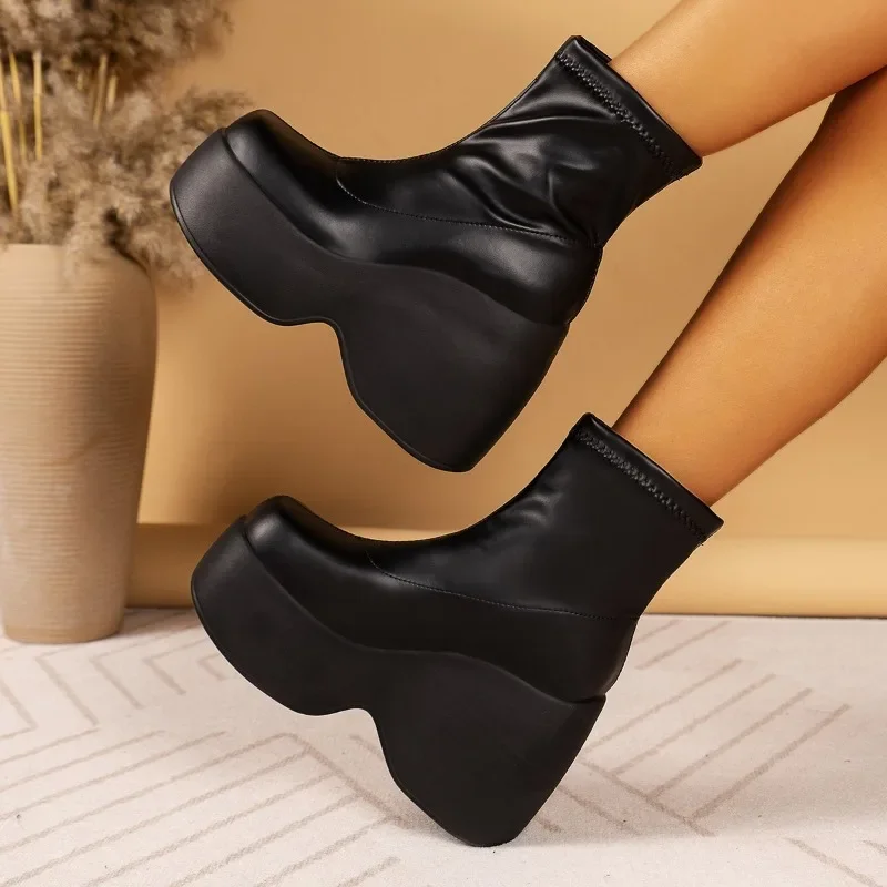 

High Heels Platform Ankle Chelsea Women Boots Winter New Wedges Goth Botas Mujer Shoes Designer Round-toe Zapatos Para Mujer