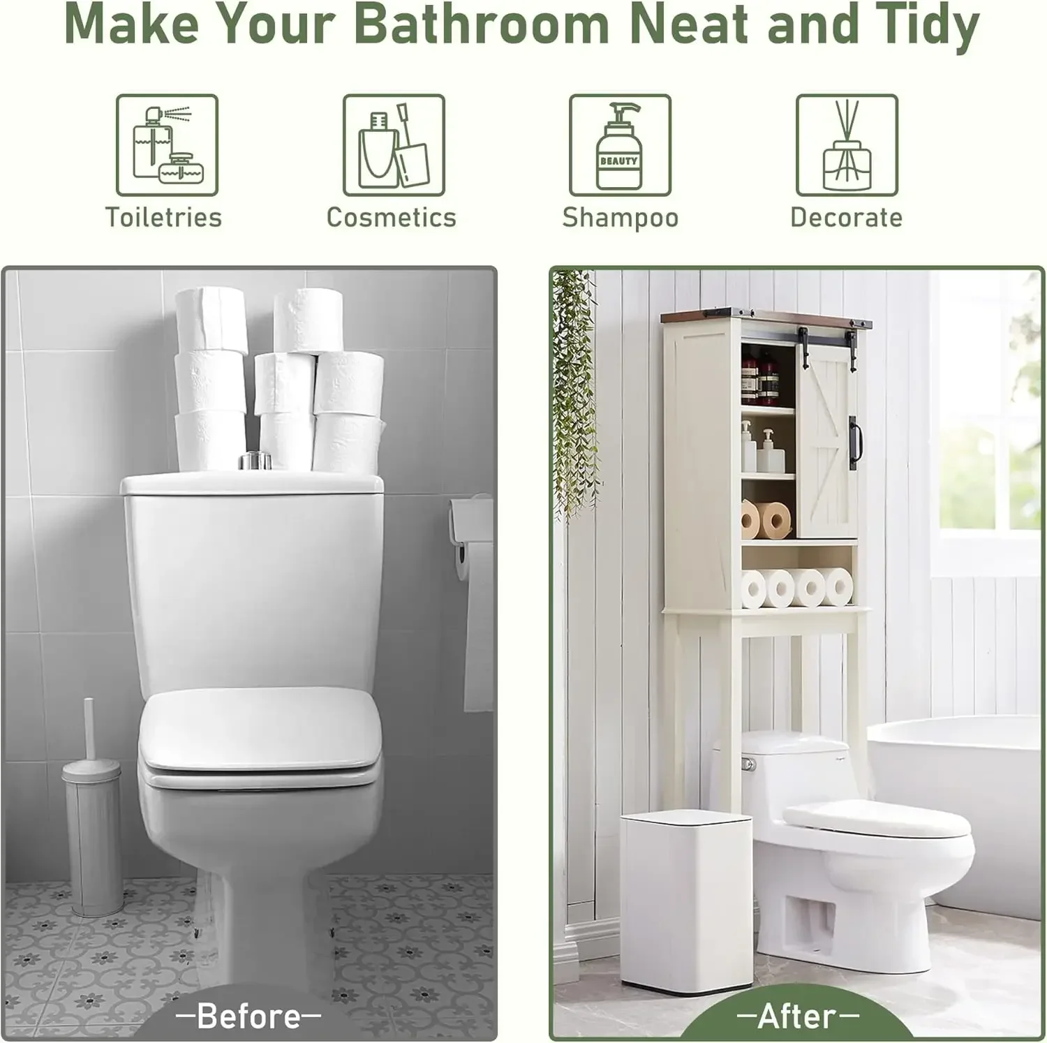 Toilet Storage Cabinet, Farmhouse Storage Cabinet Over Toilet with Sliding Barn Door & Adjustable Shelves,Living Room,White 6