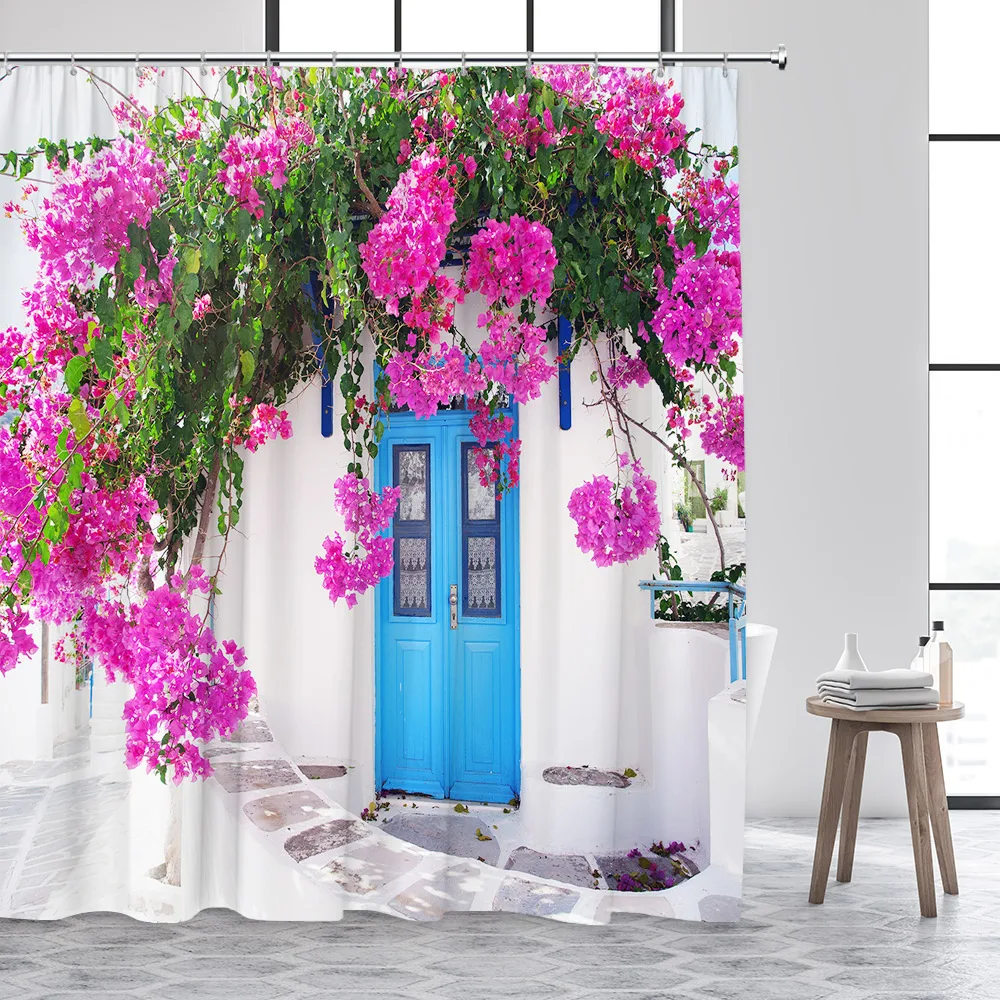 Greek Mediterranean Shower Curtain Purple Flowers Blue Door Window White Architecture Nature Landscape Bathroom Curtains Decor 3