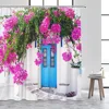Greek Mediterranean Shower Curtain Purple Flowers Blue Door Window White Architecture Nature Landscape Bathroom Curtains Decor 3