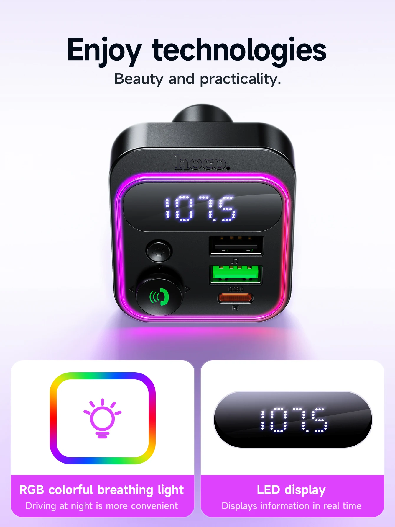 HOCO E85 20W Bluetooth 5.4 Car FM Transmitter with PD20W & QC3.0