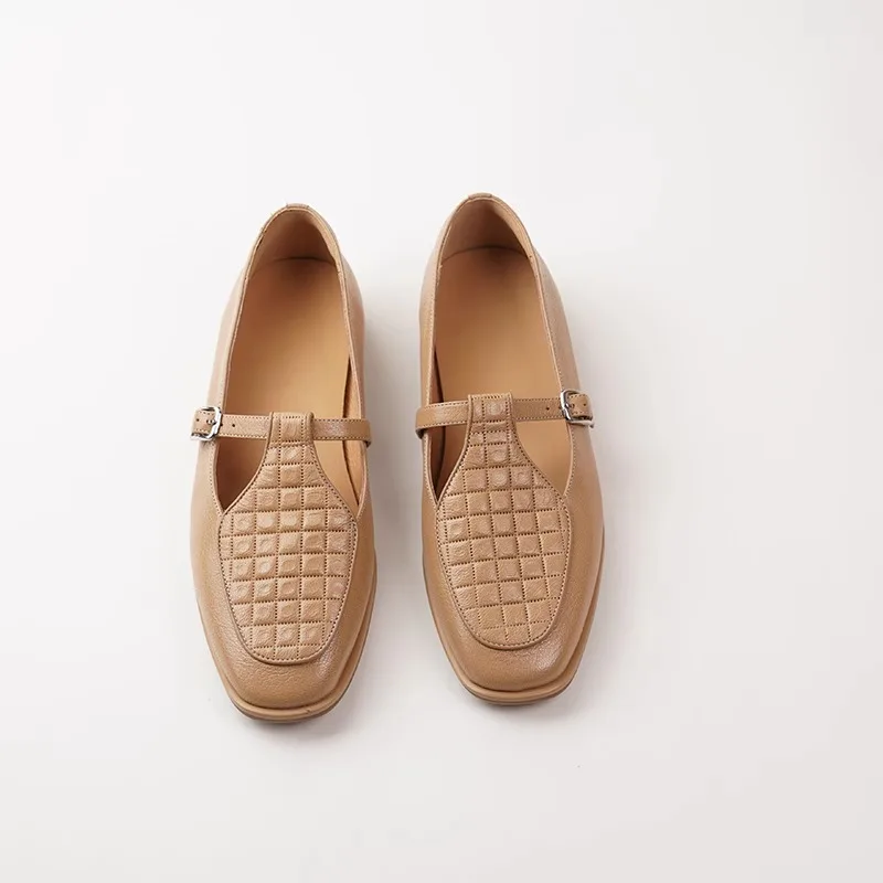 White sheepskin soft leather Mary Jane women's shoes, flat bottomed flat heel buckle single shoes