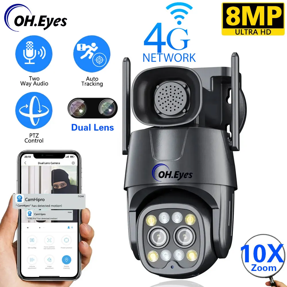 

SIM Card 4G/WiFi 10X Zoom PTZ Camera Two-way Audio 8MP Security Surveillance Linkage Tracking Dual-Lens Home Outdoor Camera